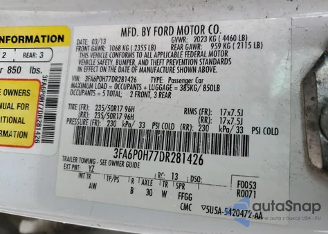 2013 Ford Fusion Se from USA, damaged, VIN 3FA6P0H77DR281426